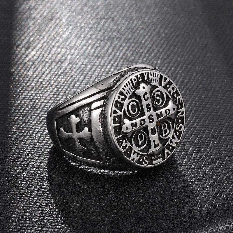 Christianity Jesus Exorcism Cross Ring Black/Gold/Silver Color Stainless Steel CSPB CSSML NDSMD Saint Benedict of Nursia Ring - Trendy Planet