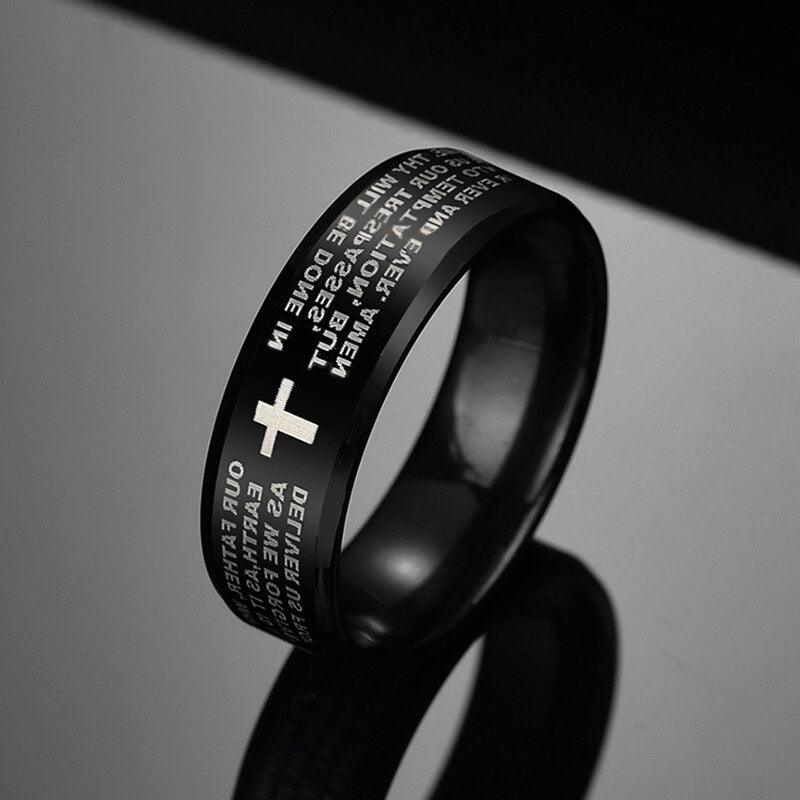 YWSHK 316L Stainless Steel Black Color Jesus Cross Ring Letter Bible Prayer Finger Rings For Men 8mm Amulet Jewelry Wholesale - Trendy Planet