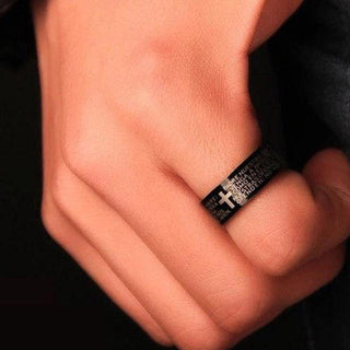 YWSHK 316L Stainless Steel Black Color Jesus Cross Ring Letter Bible Prayer Finger Rings For Men 8mm Amulet Jewelry Wholesale - Trendy Planet